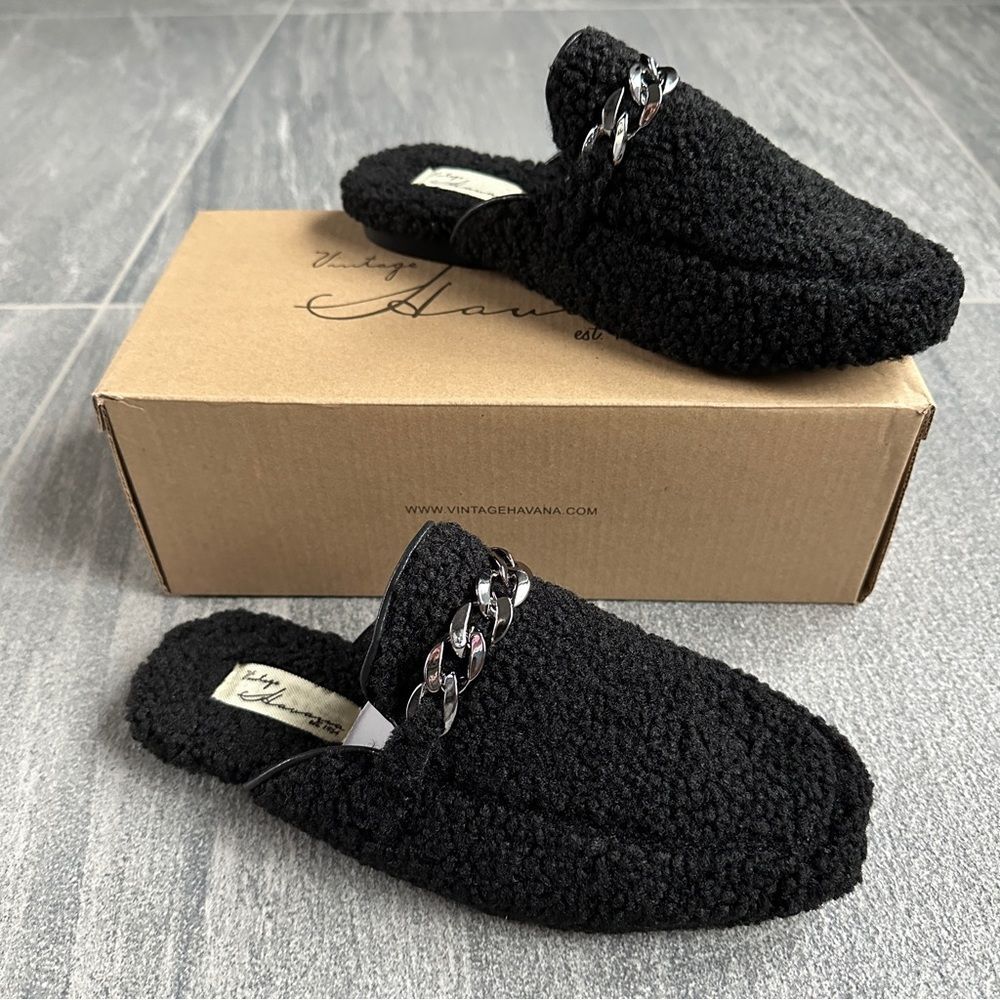 NIB Vintage Havana Size 7 Snug Easy Slide Cozy Black Wool Indoor Outdoor Slipper